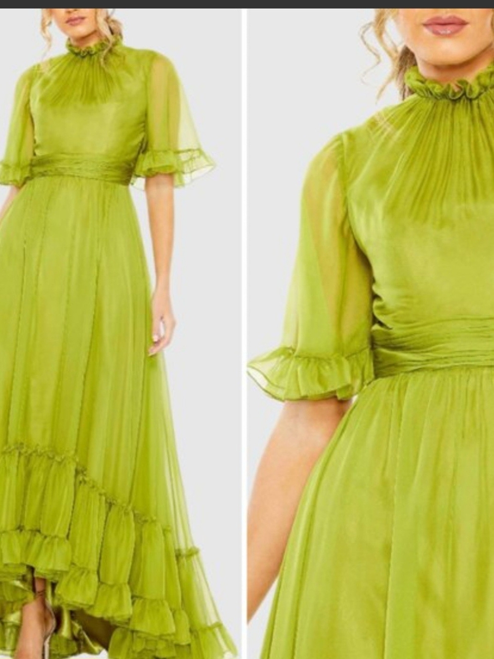 NWT Mac Duggal Chiffon Ruched Illusion Ruffle Gown Olive Chartreuse 8